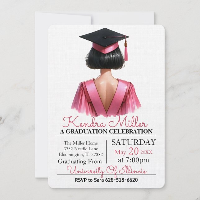 Pink & Black Watercolor Graduation Invitation (Front)
