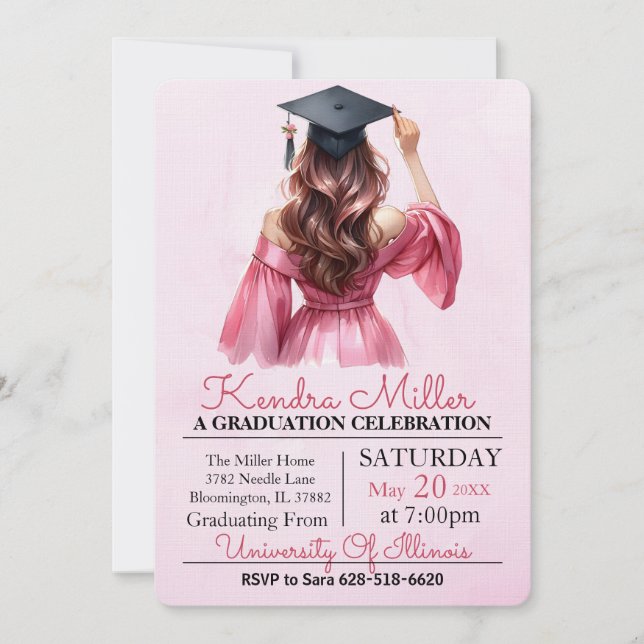 Pink & Black Watercolor Graduation Invitation (Front)