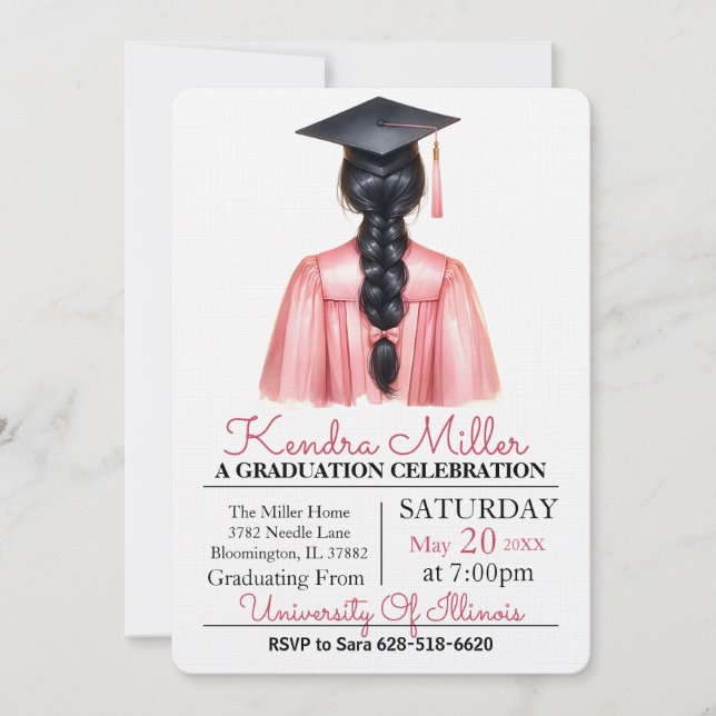Pink & Black Watercolor Graduation Invitation (Front)