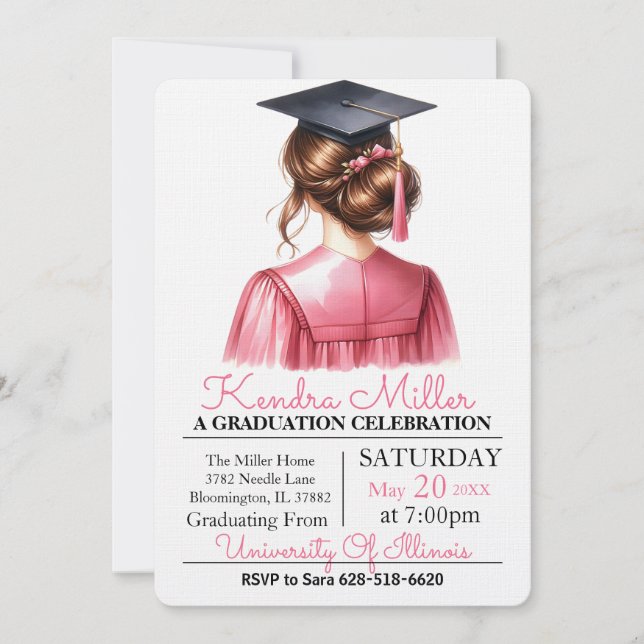 Pink & Black Watercolor Graduation Invitation (Front)