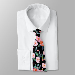 Pink Black Watercolor Rose Pattern Wedding Tie