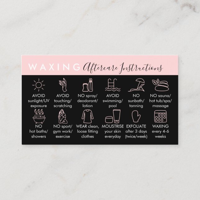 Pink Black Waxing aftercare twelve advices Business Card (Back)