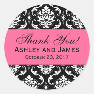 Pink, Black Wedding Damask Thank You Label
