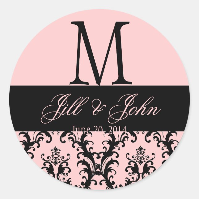 Pink  Black Wedding Monogram Save Date Damask Seal (Front)