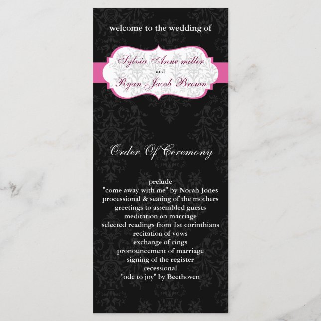 pink black Wedding program Programme (Front)