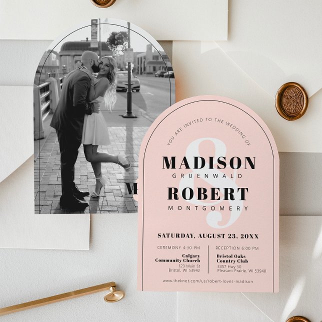 Pink Black & White Ampersand Photo Arch Wedding Invitation (Beautiful modern black and White photo ampersand simple elegant blush pink arch wedding invitation)