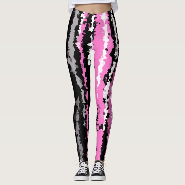 Pink black white and grey abstract stripes leggings (Front)