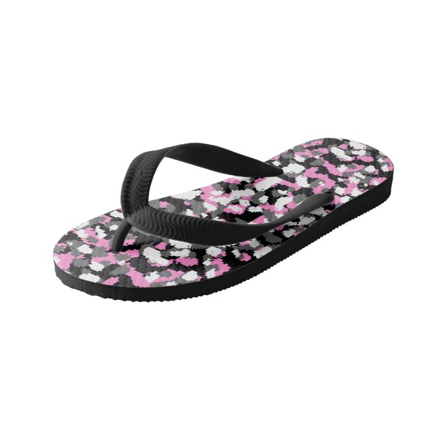 Pink, black, white and Grey Camo abstract Kid's Flip Flops (Angled)