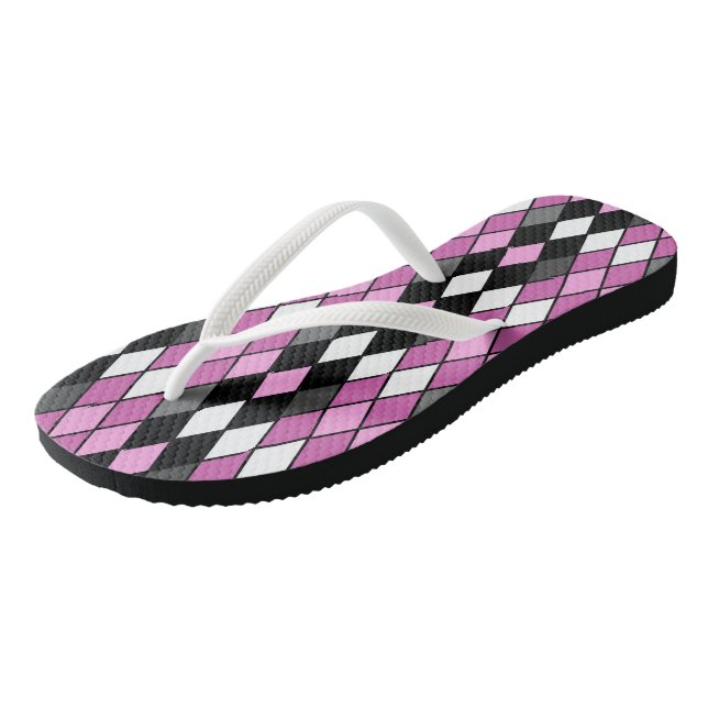Pink, black, white and Grey Diamond Pattern Flip Flops (Angled)