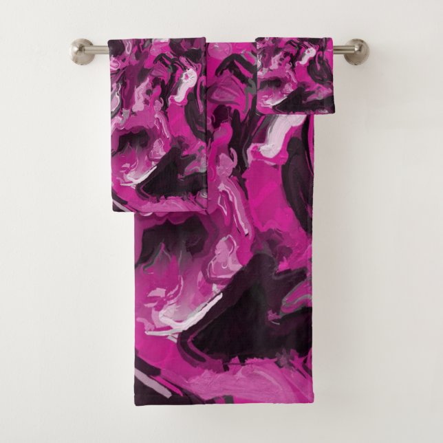 Pink, Black, White and Grey Swirls Bath Towel Set (Insitu)