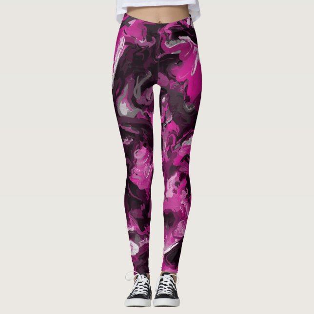 Pink, Black, White and Grey Swirls Leggings (Front)