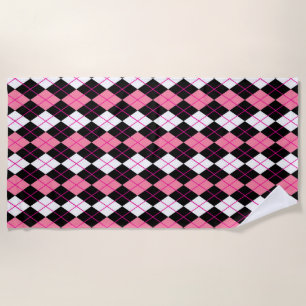 Pink Black White Argyle Diamond Design Beach Towel