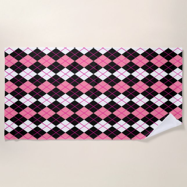 Pink Black White Argyle Diamond Design  Beach Towel (Front)