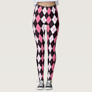 Pink Black White Argyle Diamond Design  Leggings