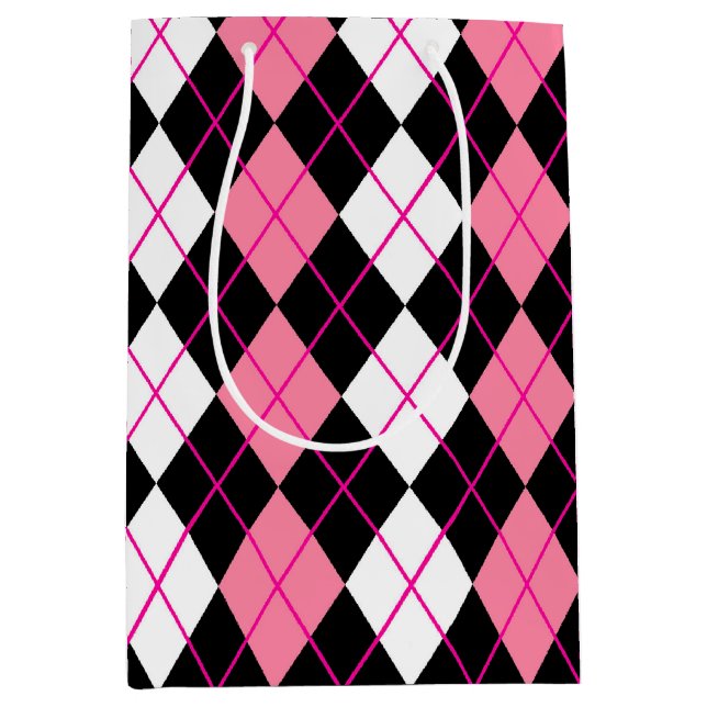 Pink Black White Argyle Diamond Design  Medium Gift Bag (Front)