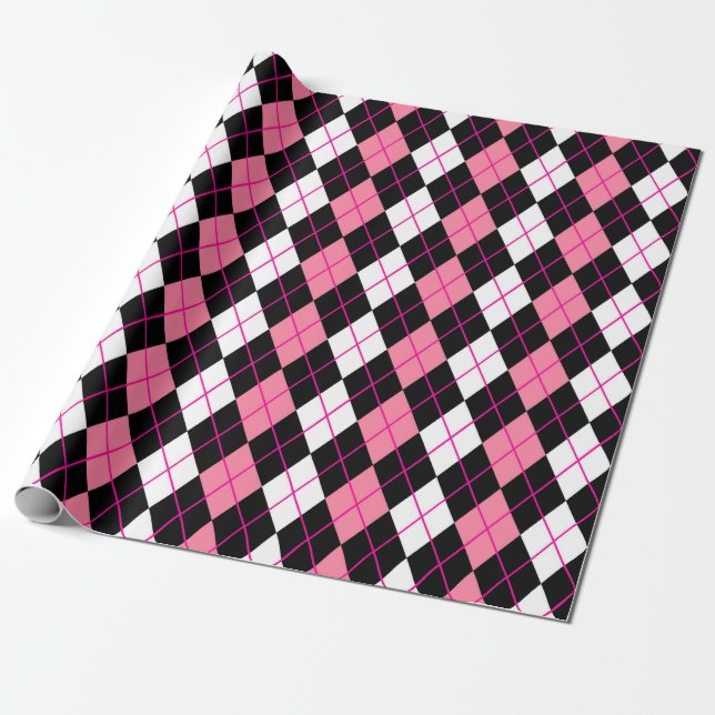 Pink Black White Argyle Diamond Design  Wrapping Paper (Unrolled)