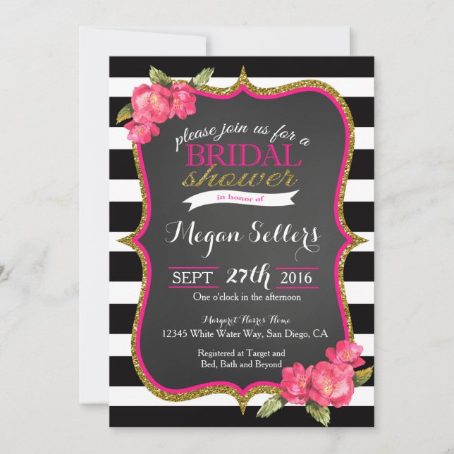 PInk black white Bridal shower invitation (Front)