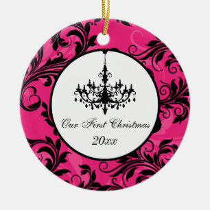 Pink Black White Chandelier Scroll 1st Christmas Ceramic Tree Decoration