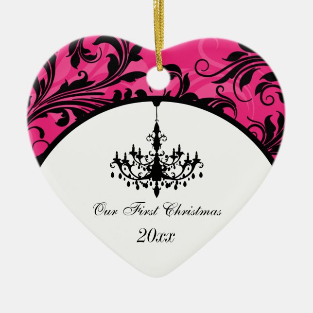Pink Black White Chandelier Scroll 1st Christmas Ceramic Tree Decoration (Front)