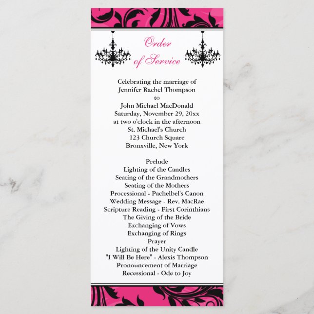Pink Black White Chandelier Scroll Wedding Program Programme (Front)