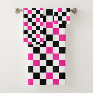 Pink Black White Chequered Pattern Design  Bath Towel Set