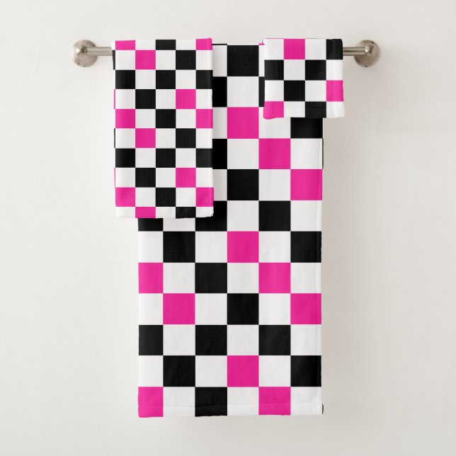 Pink Black White Chequered Pattern Design  Bath Towel Set (Insitu)