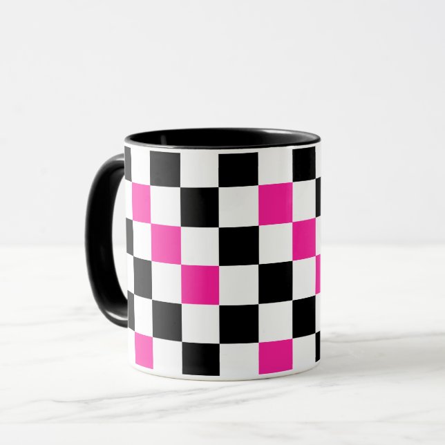 Pink Black White Chequered Pattern Design  Mug (Front Left)