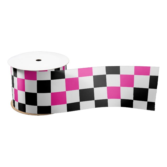 Pink Black White Chequered Pattern Design  Satin Ribbon (Spool)