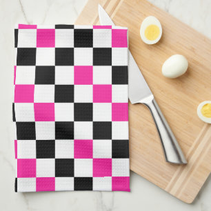 Pink Black White Chequered Pattern Design Tea Towel