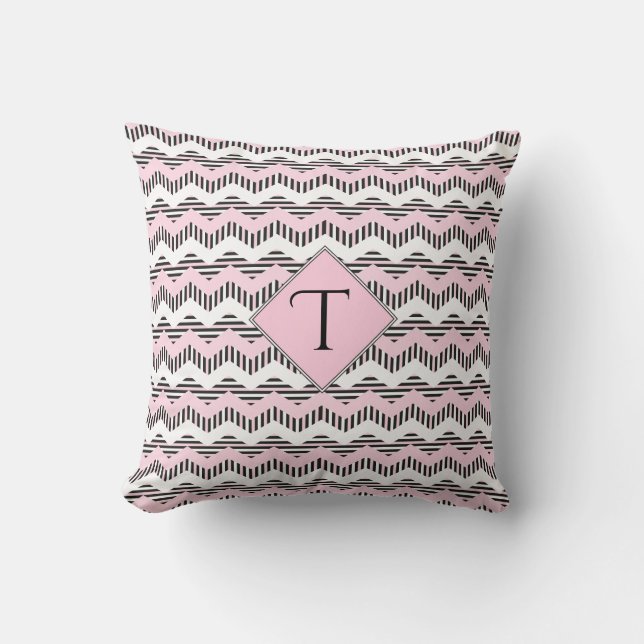 Pink, Black & White Chevron, Custom Monogram Cushion (Front)