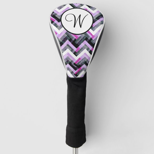 Pink Black White Chevron Textured Monogram Golf Head Cover (Front)