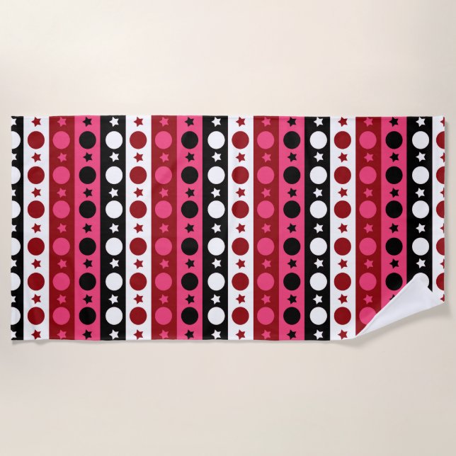 Pink Black White Circle Stars Stripes Design  Beach Towel (Front)