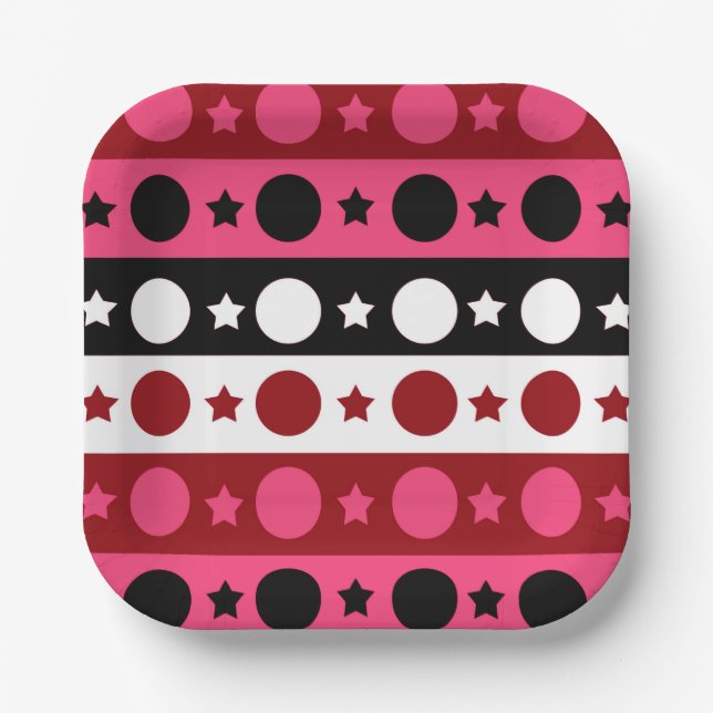 Pink Black White Circle Stars Stripes Design  Paper Plate (Front)