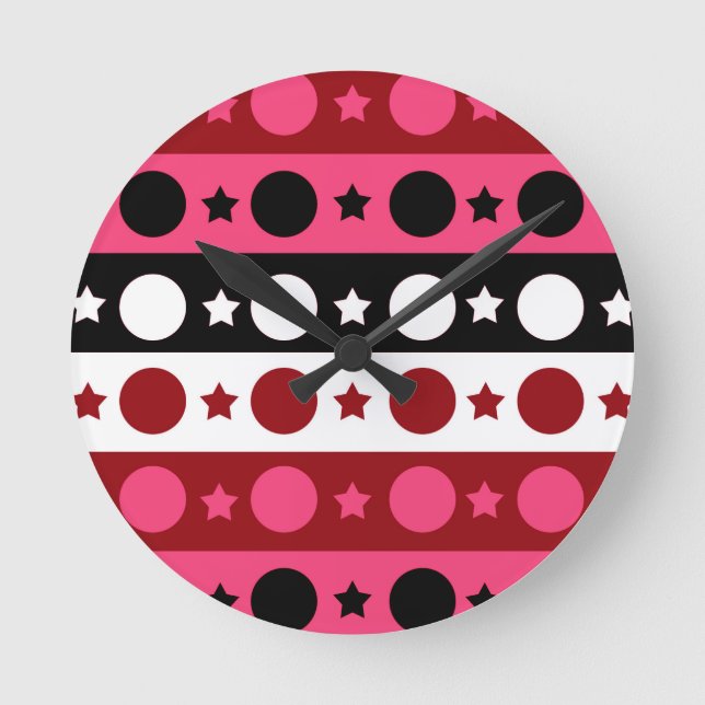 Pink Black White Circle Stars Stripes Design  Round Clock (Front)