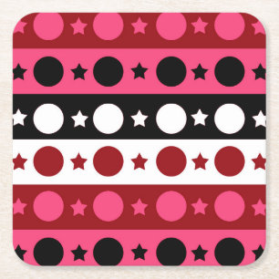 Pink Black White Circle Stars Stripes Design  Square Paper Coaster