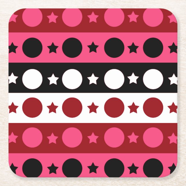 Pink Black White Circle Stars Stripes Design  Square Paper Coaster (Front)