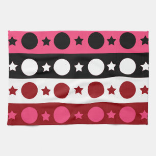 Pink Black White Circle Stars Stripes Design  Tea Towel