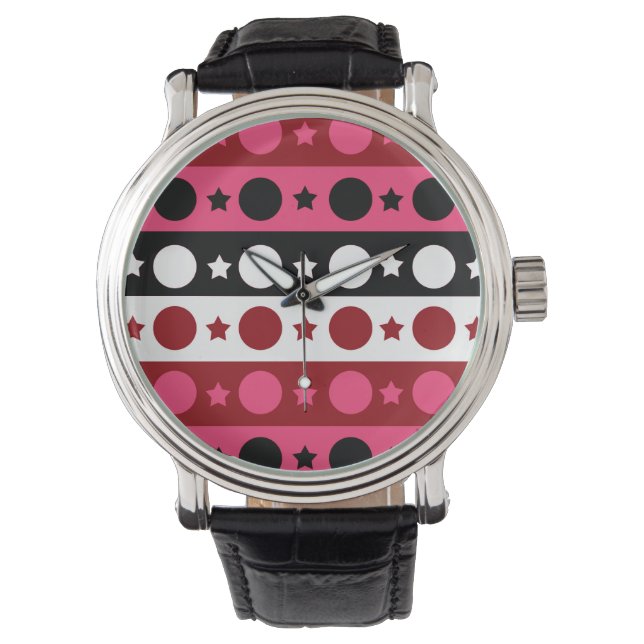 Pink Black White Circle Stars Stripes Design  Watch (Front)