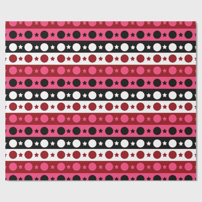 Pink Black White Circle Stars Stripes Design  Wrapping Paper (Flat)
