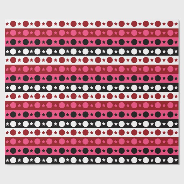 Pink Black White Circle Stars Stripes Design Wrapping Paper (Flat)