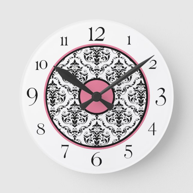 Pink Black & White Damask Elegant Round Clock (Front)