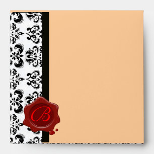 PINK BLACK WHITE DAMASK ,RED WAX SEAL MONOGRAM ENVELOPE