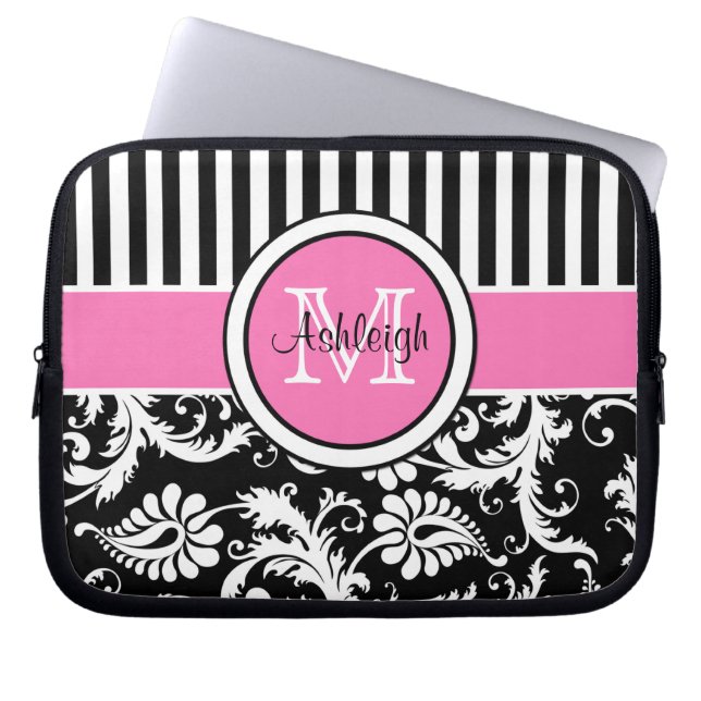 Pink Black White Damask Striped Laptop Sleeve (Front)