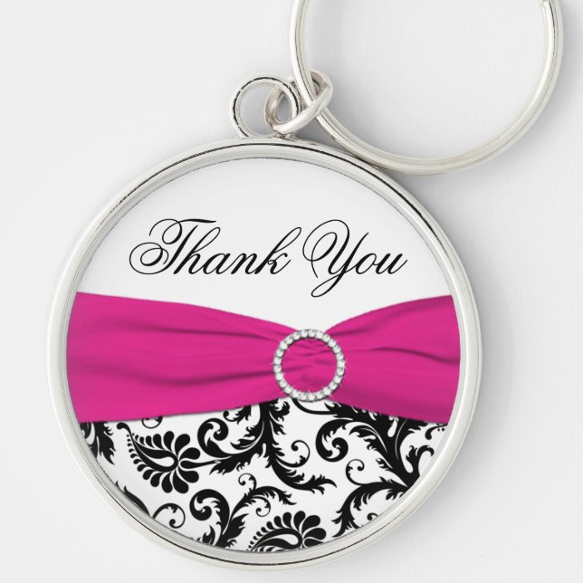 Pink, Black, White Damask Thank You Keychain (Front)