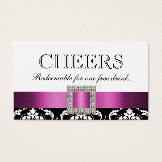 Pink Black White Damask Wedding Bar Drink Voucher (Front)
