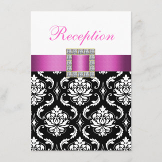 Pink Black White Damask Wedding Reception Card