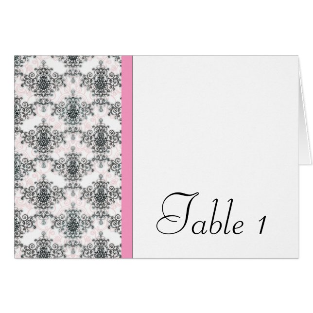 Pink Black White Damask Wedding Table Number Card (Front Horizontal)