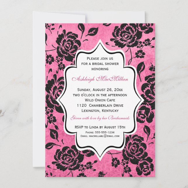 Pink Black White Floral Damask Bridal Shower Invitation (Front)