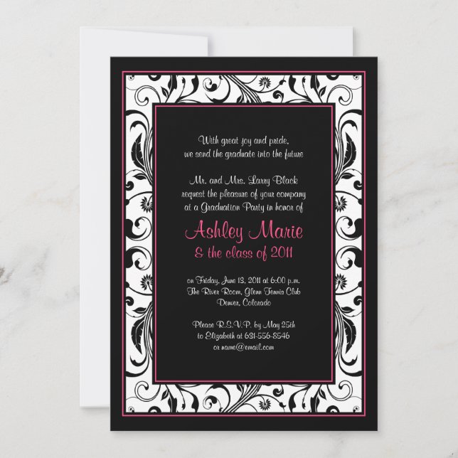 Pink, Black, White Floral Graduation Invitation (Front)