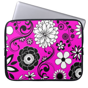 Pink black white flower art laptop sleeve